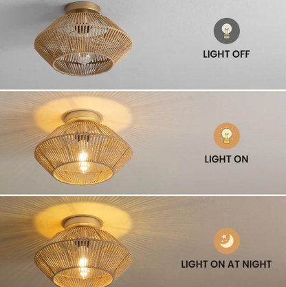 A close-up view of the premium hand-braided jute ceiling light