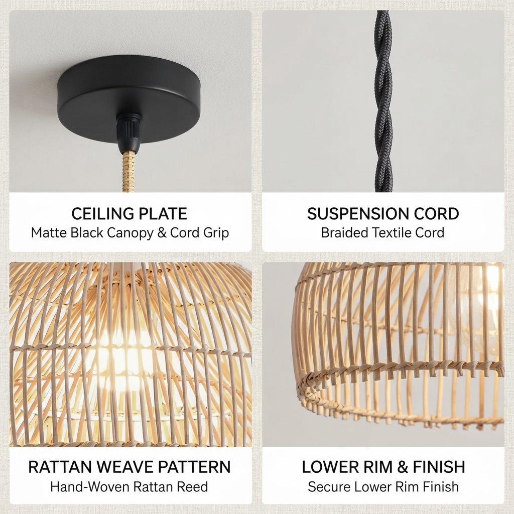 Premium hand-braided rattan pendant shade showing clean, natural material texture.