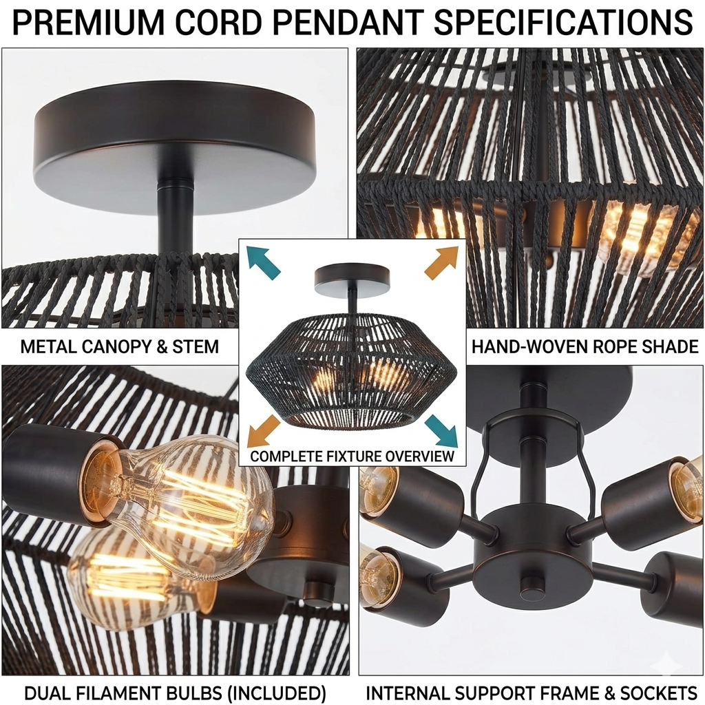 Premium hemp fiber cage light featuring a structured, dark-toned organic woven design.