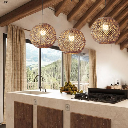 Handwoven high-quality jute pendant light illuminating a modern kitchen island