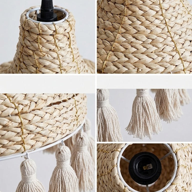 Premium woven natural hyacinth pendant lamp featuring intricate fiber construction and playful tassels.