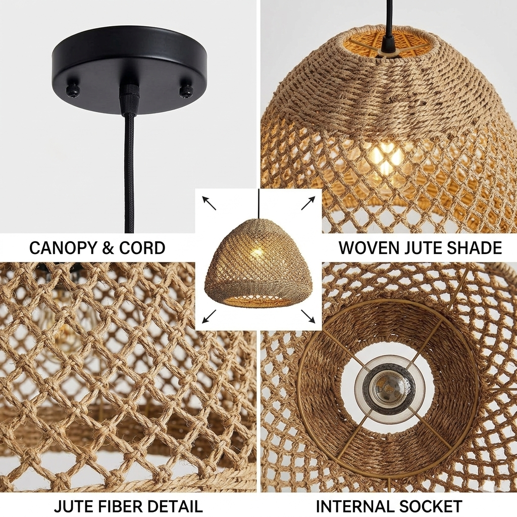 Premium jute rope lattice pendant lamp featuring intricate hand-woven natural material construction.