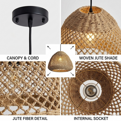 Premium jute rope lattice pendant lamp featuring intricate hand-woven natural material construction.