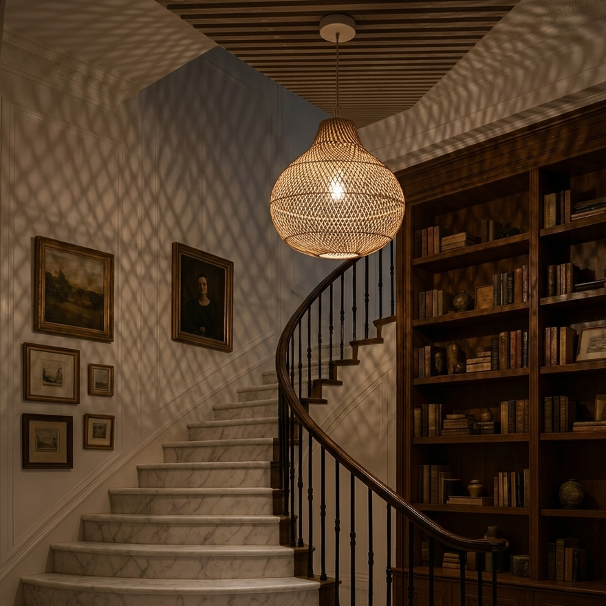 High-quality natural rattan pendant, creates a warm and welcoming ambiance in luxury foyers.