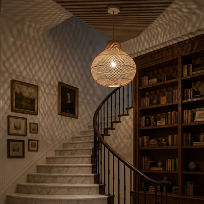 High-quality natural rattan pendant, creates a warm and welcoming ambiance in luxury foyers.