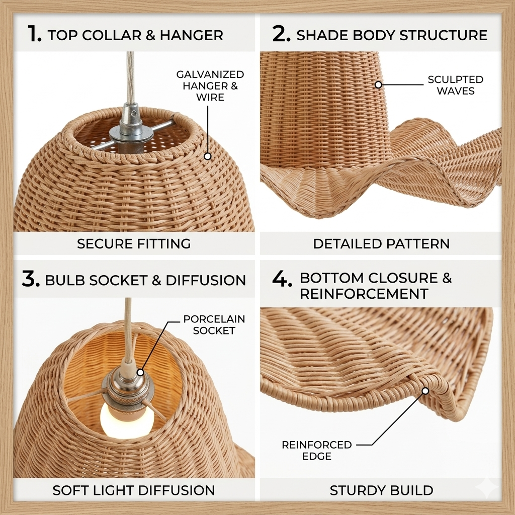 Premium natural rattan wavy edge lamp crafted from 100% biodegradable and eco-friendly materials.