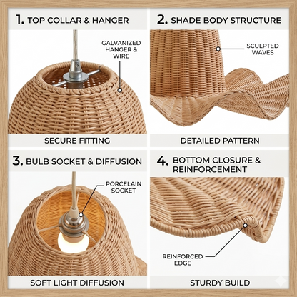 Premium natural rattan wavy edge lamp crafted from 100% biodegradable and eco-friendly materials.