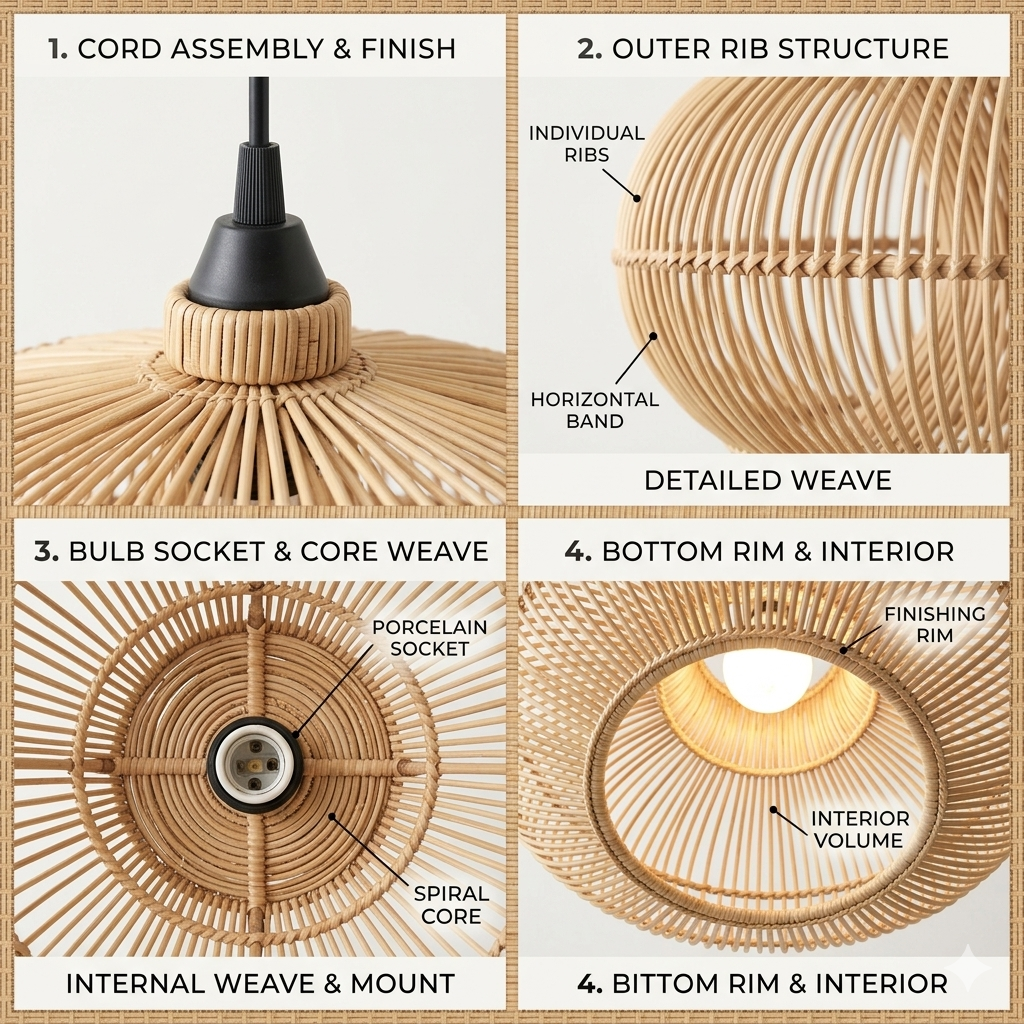Premium natural wicker elliptical shade, a 100% biodegradable and eco-friendly ceiling lighting choice.