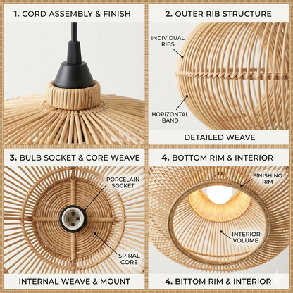 Premium natural wicker elliptical shade, a 100% biodegradable and eco-friendly ceiling lighting choice.