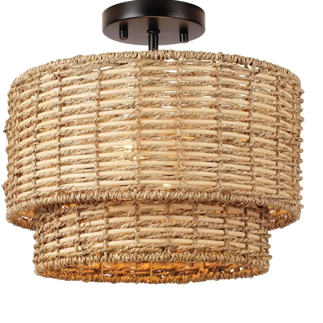 Premium rattan seagrass and metal layered ceiling lamp combining organic material textures with a durable black finish.