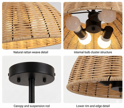 Premium rattan and metal flush mount lamp combining organic weave texture with a durable black finish.