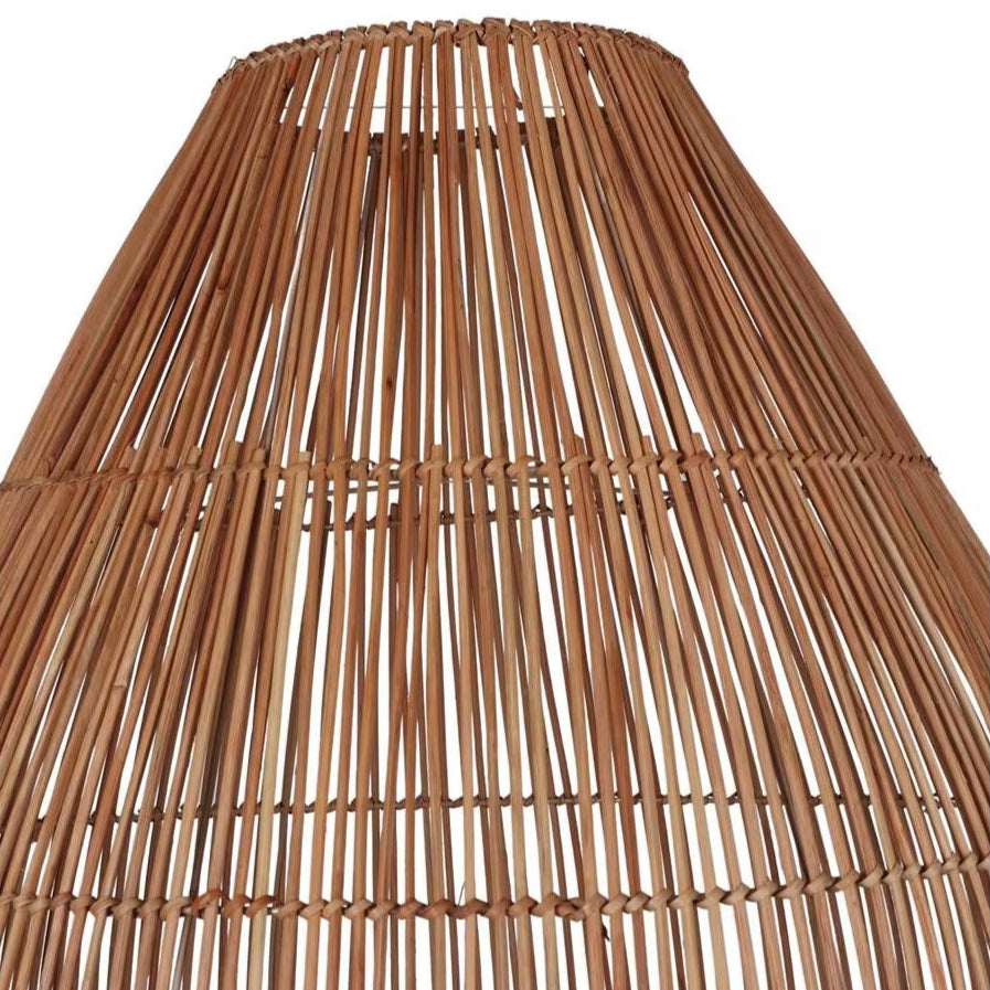 Premium split-bamboo capsule chandelier detailing flexible natural wicker slats stitched together with tough, lightweight horizontal supportive reeds.
