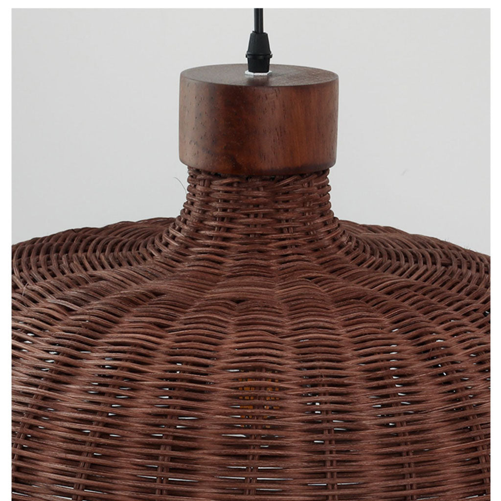Premium split-bamboo dome chandelier displaying flawless horizontal rows of tight wicker weaving and a smooth, rounded solid wood bottom edge.