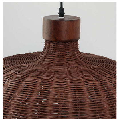 Premium split-bamboo dome chandelier displaying flawless horizontal rows of tight wicker weaving and a smooth, rounded solid wood bottom edge.