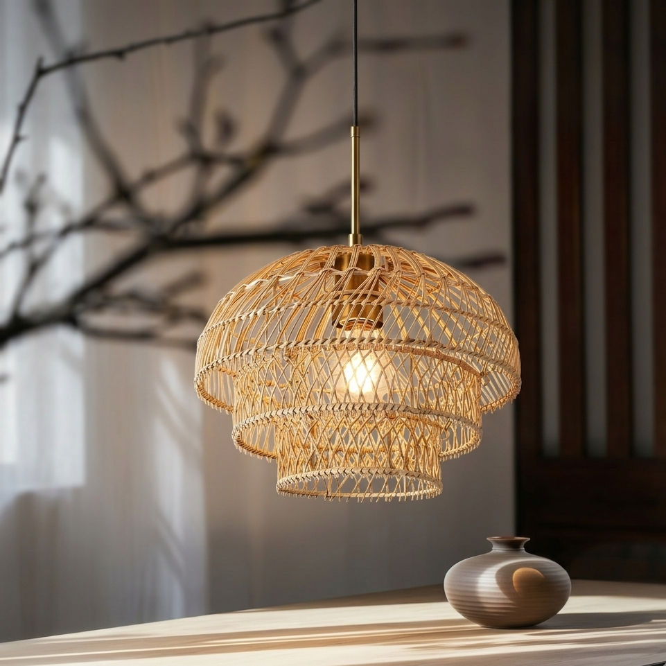 Premium wicker and metal multi-tier ceiling lamp combining organic rattan textures with a durable brass finish