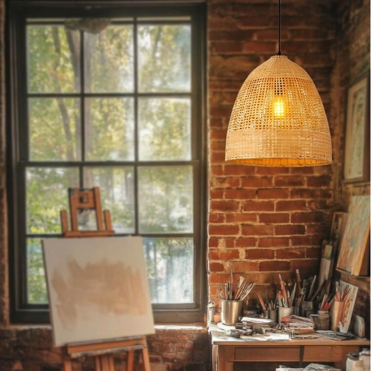 Premium woven bamboo ceiling pendant light showing detailed craftsmanship and authentic material texture.