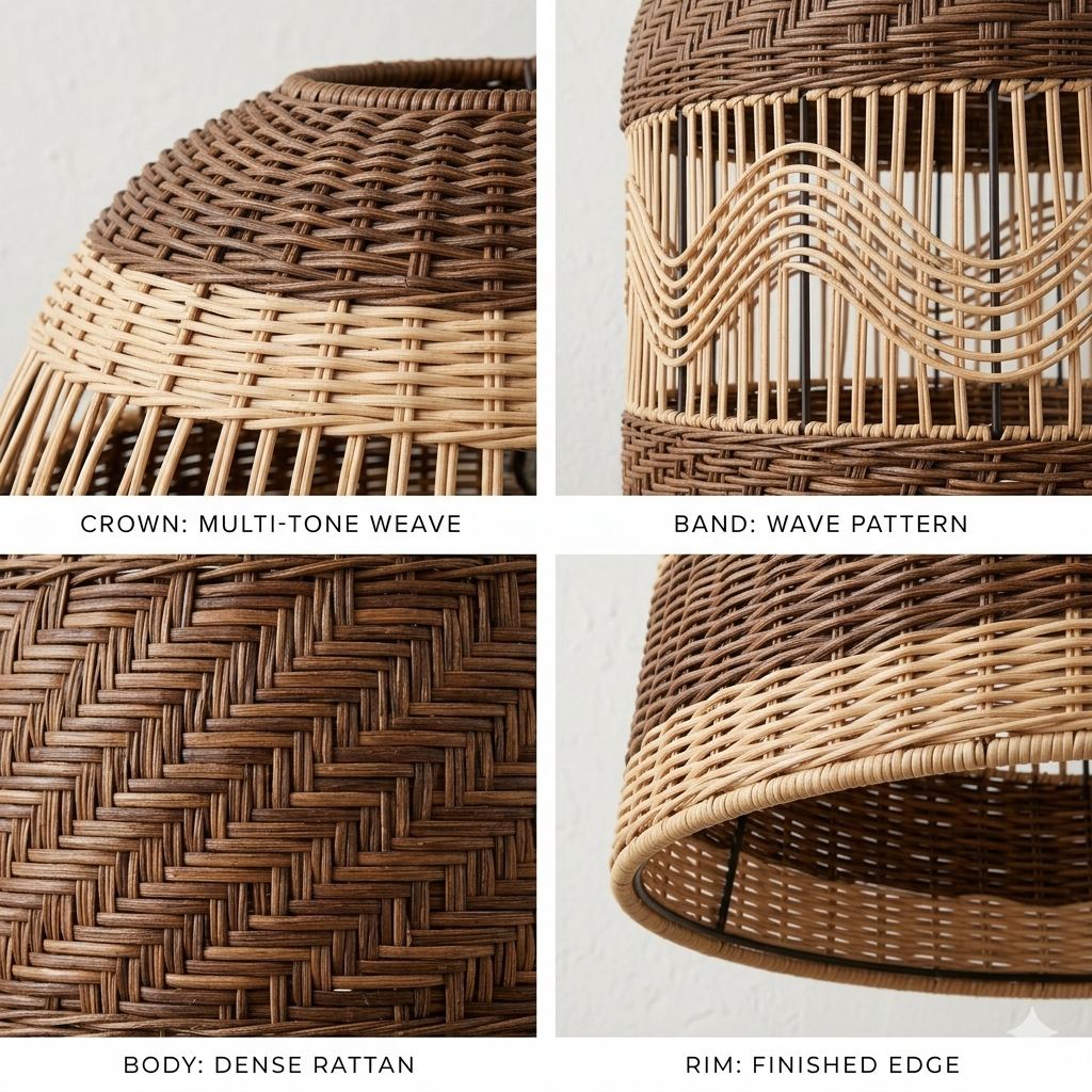 Premium woven rattan bowl shade, a 100% biodegradable and eco-friendly ceiling light.