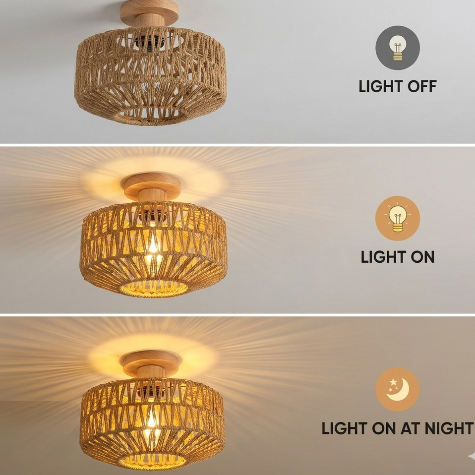 Hand-assembled pure jute weave ceiling lamp, an example of zero-waste artisan home decor.