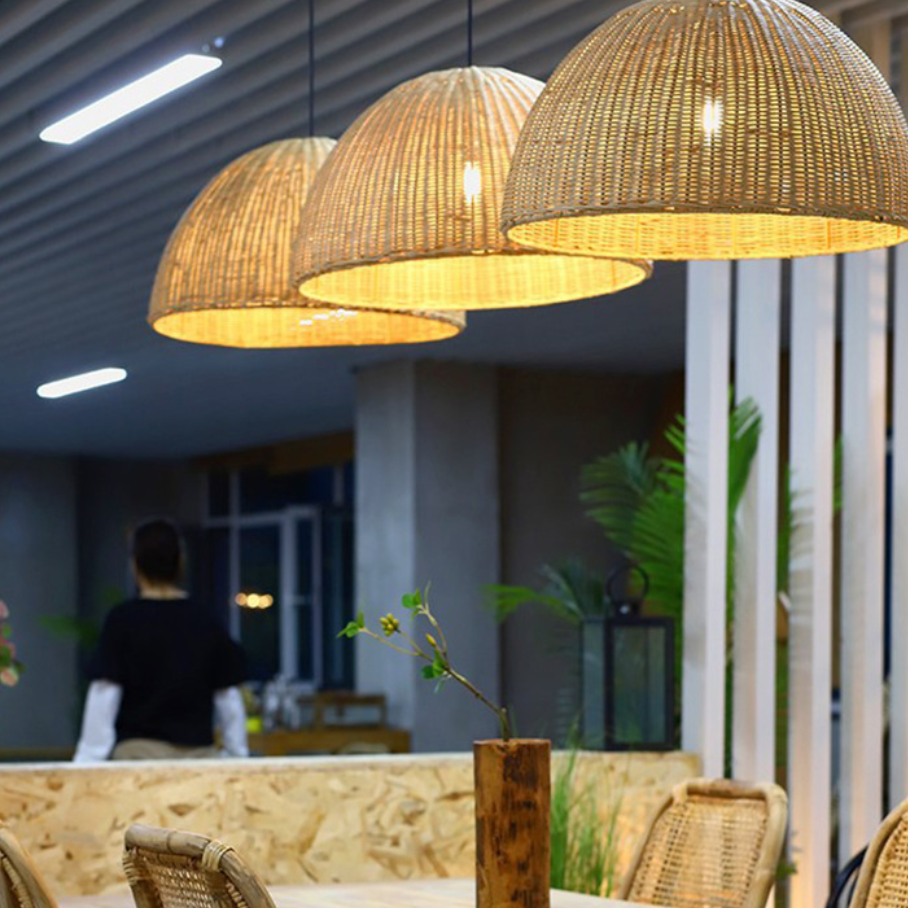 Pure natural rattan cane hanging fixture with authentic wood grain finish