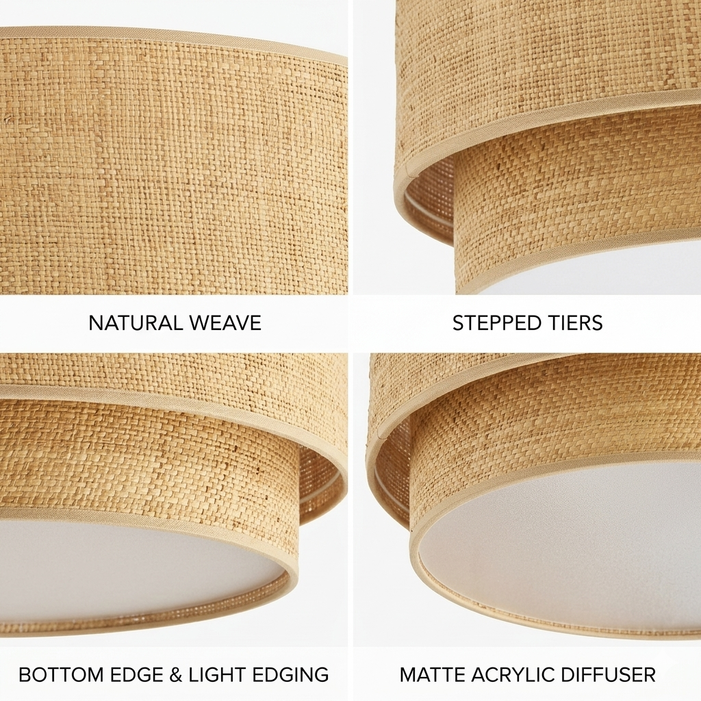 Hand-assembled pure rattan weave ceiling fixture, an example of zero-waste, eco-friendly home decor.