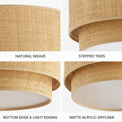 Hand-assembled pure rattan weave ceiling fixture, an example of zero-waste, eco-friendly home decor.