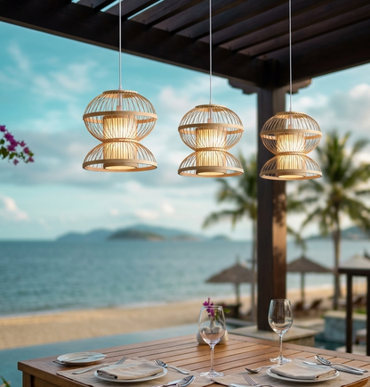 Sophisticated quiet luxury hanging lamp, bamboo weave for a Resort 