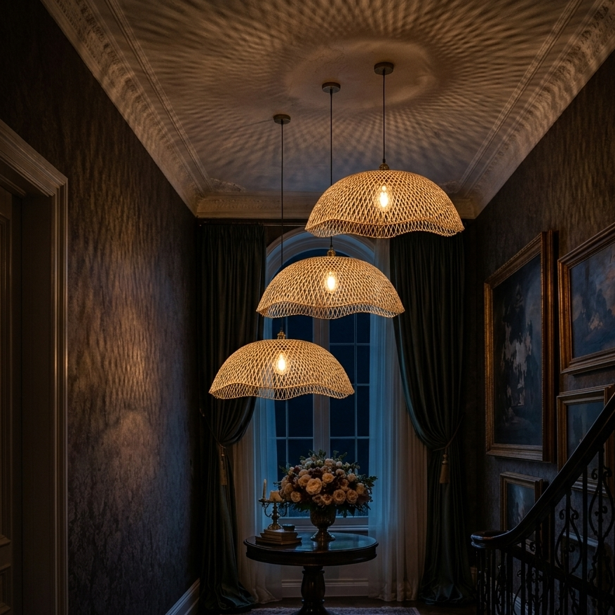 Sophisticated quiet luxury hanging lamp, bamboo weave for a Mediterranean cozy home feel.
