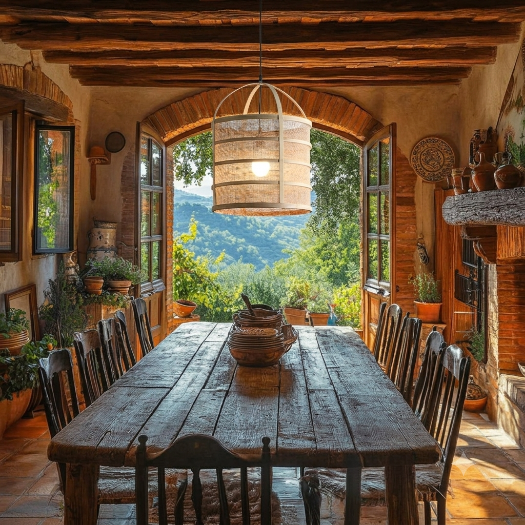 Elegant quiet luxury dining room pendant, natural burlap for sophisticated meals.
