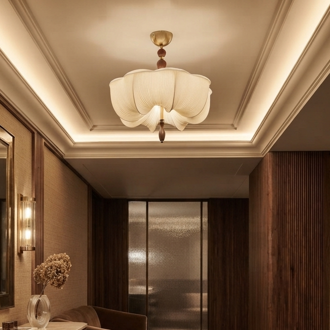 Quiet luxury sculptural lighting featuring Wood Mix Cloth for cFor Lobby Hotel