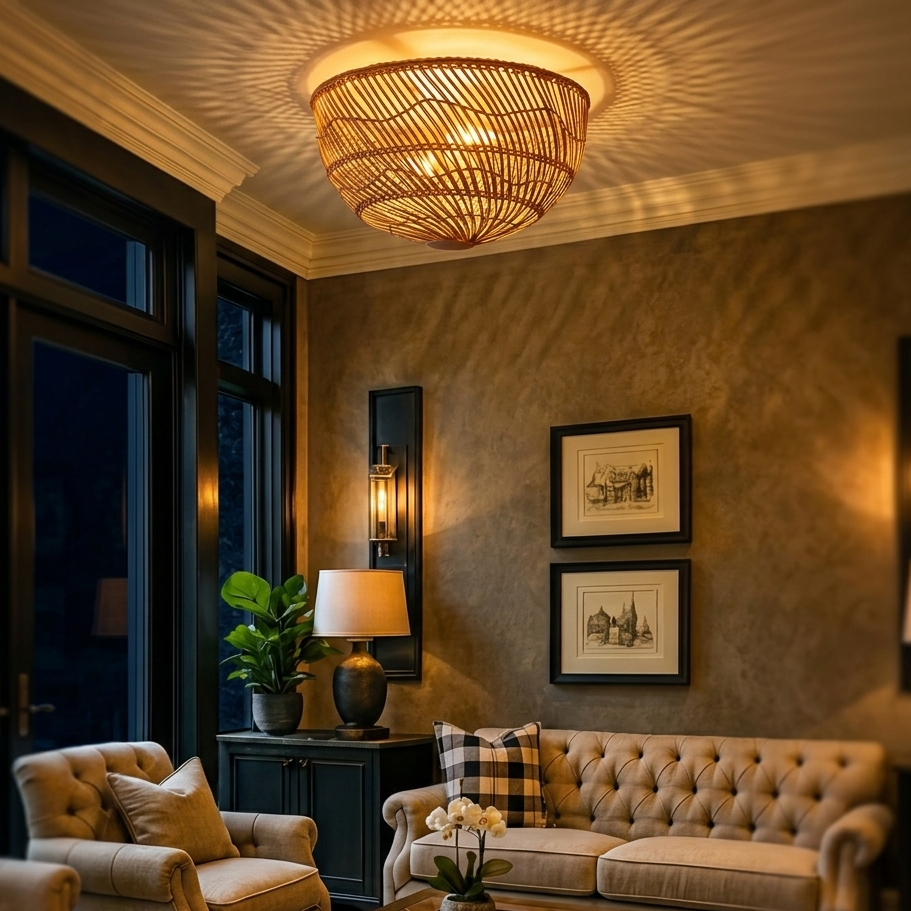 Cozy rattan basket flush mount light in a living room, creating a warm, grounded ambiance.