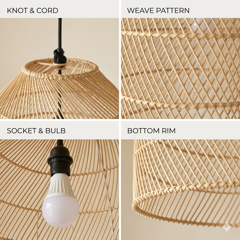 Cozy rattan bell pendant light installed in a living room, creating a warm and grounded ambiance.