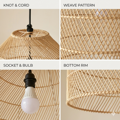 Cozy rattan bell pendant light installed in a living room, creating a warm and grounded ambiance.