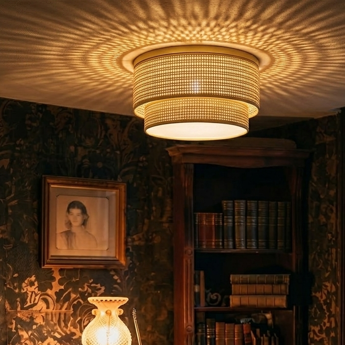 Cozy rattan flush mount light installed in a living room, creating a warm and grounded ambiance.