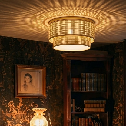 Cozy rattan flush mount light installed in a living room, creating a warm and grounded ambiance.
