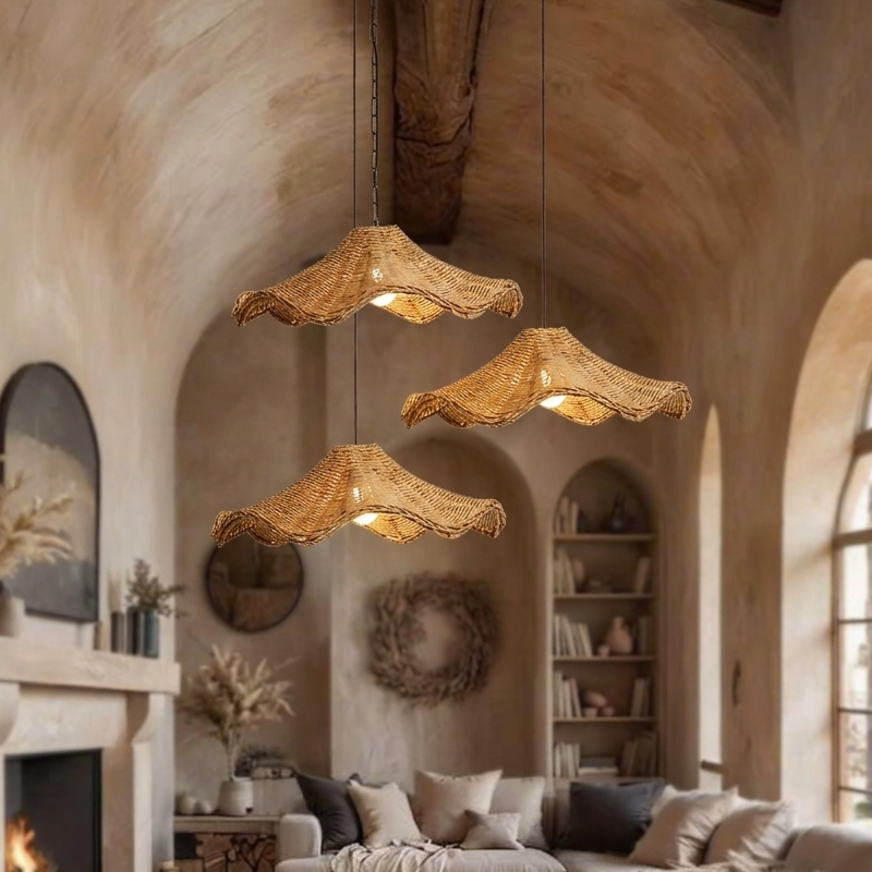 Woven rattan living room pendant light creating a cozy and warm focal point