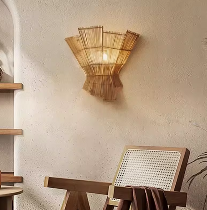 Organic rattan pendant light for a Scandinavian living room design.
