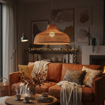Elegant rattan pendant light enhancing the natural aesthetic of a living room area.