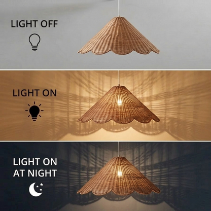 Cozy rattan scalloped pendant light installed in a living room, creating a warm and grounded ambiance.