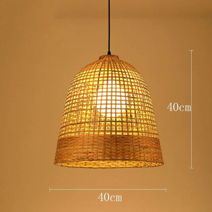 Multi-bulb organic bamboo ceiling light displaying a funnel cone, a shallow saucer, and dome wicker baskets.