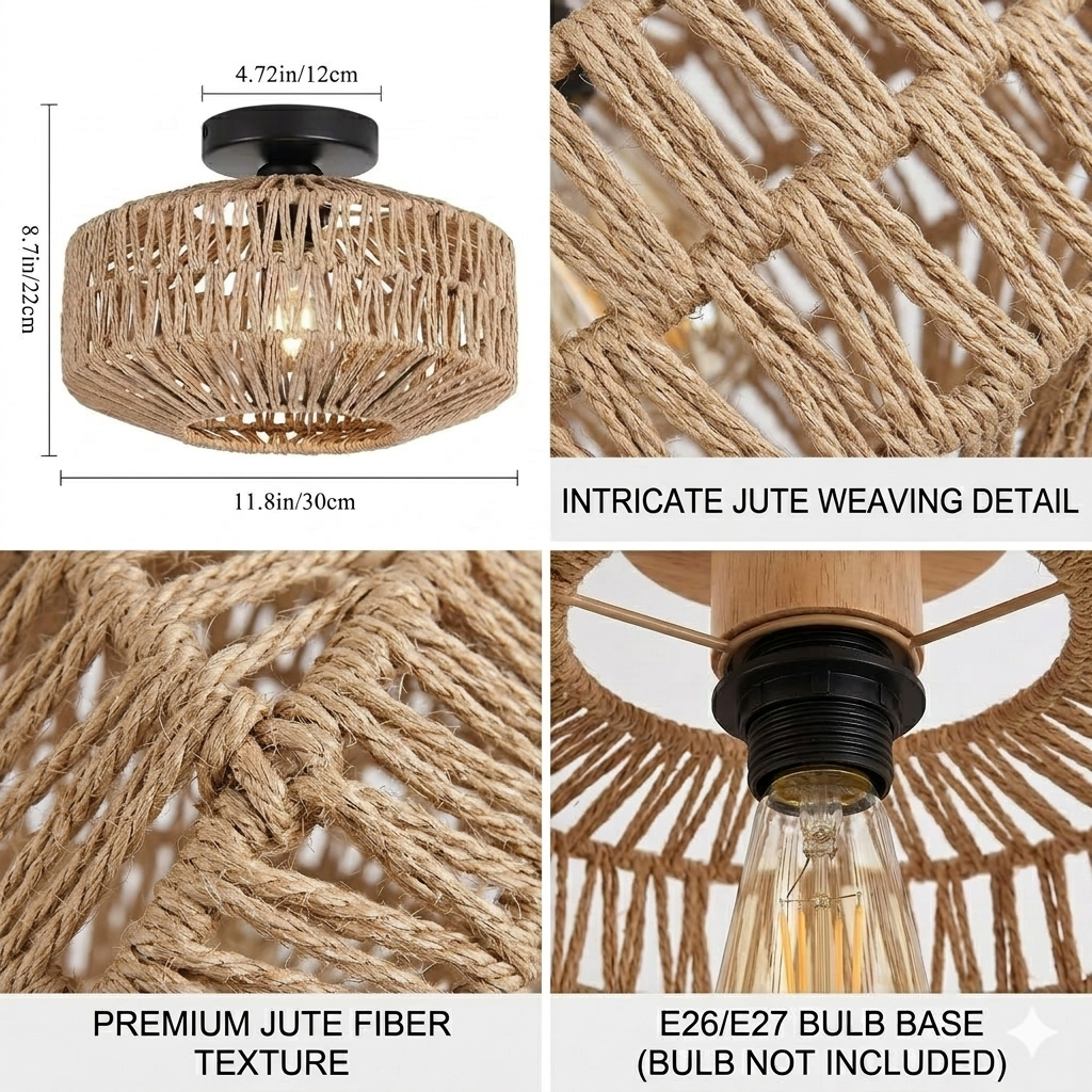 Raw jute fiber pendant lamp, a non-toxic lighting choice promoting a healthy home environment.