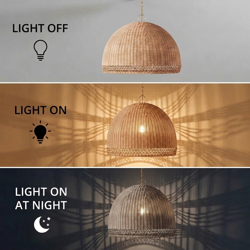 Relaxed luxury rattan hanging light, a sophisticated and understated organic lighting option for homes.