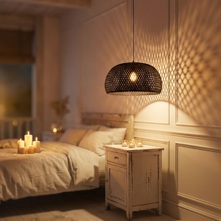 Relaxing bedroom hanging lamp in black woven bamboo for peaceful sleep