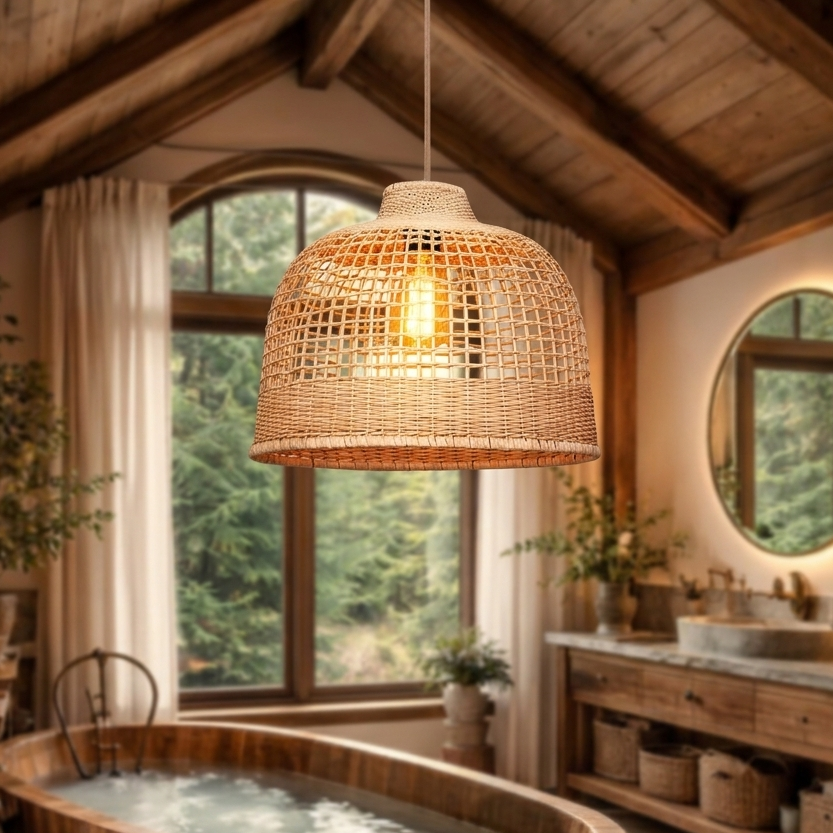 Chic woven rattan ceiling lamp creating a spa-like, tranquil ambiance above a bathtub
