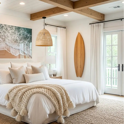 Relaxing woven bamboo pendant light adding a natural, organic touch to a peaceful bedroom decor.
