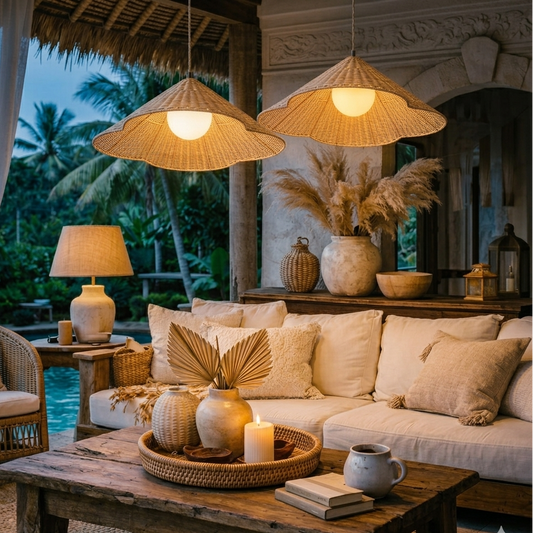 Resort style rattan ceiling lamp, an ideal choice for high-end hospitality and luxury villa decor.
