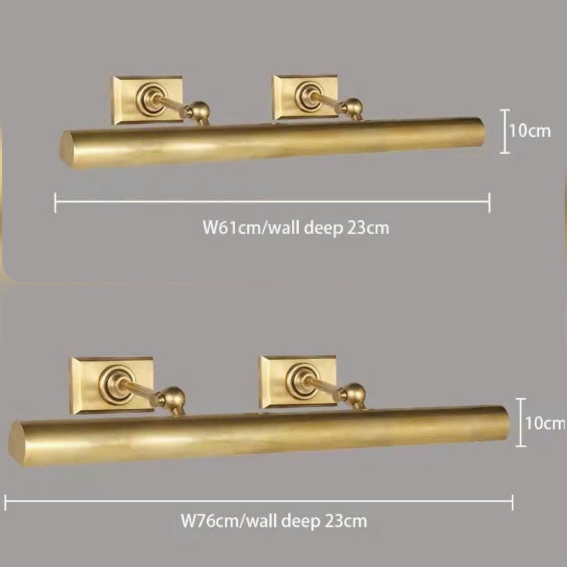 Two gold brass wall-mounted towel bars shown on a gray background with dimension labels: the top bar is labeled W61cm/wall deep 23cm and 10cm height, and the bottom bar is labeled W76cm/wall deep 23cm and 10cm height.