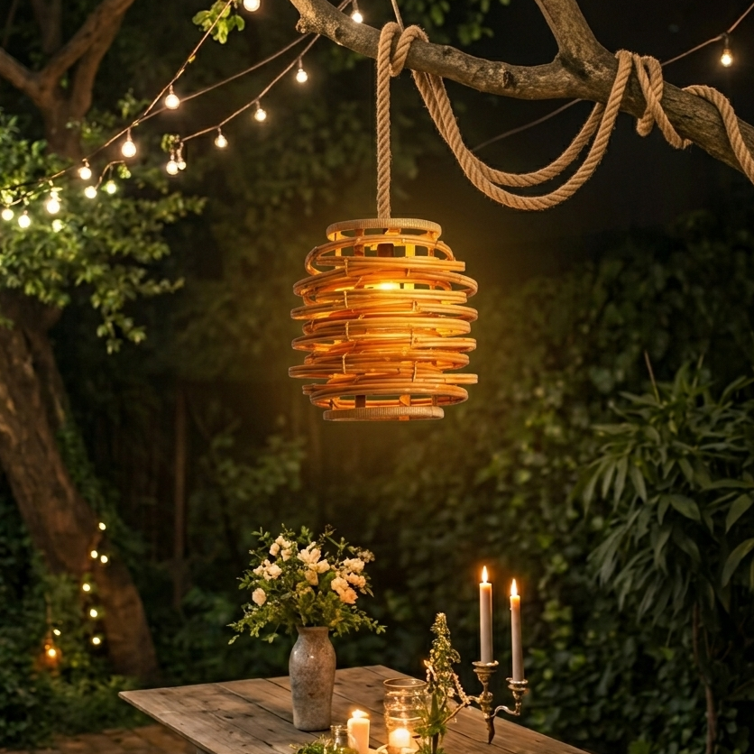 A romantic boho-style rattan pendant light hanging as a statement piece in a rustic wedding venue