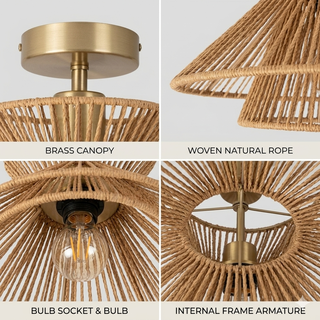A romantic, rustic hemp ceiling light hanging as a statement piece in a wedding or special event venue.