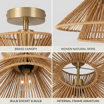 A romantic, rustic hemp ceiling light hanging as a statement piece in a wedding or special event venue.
