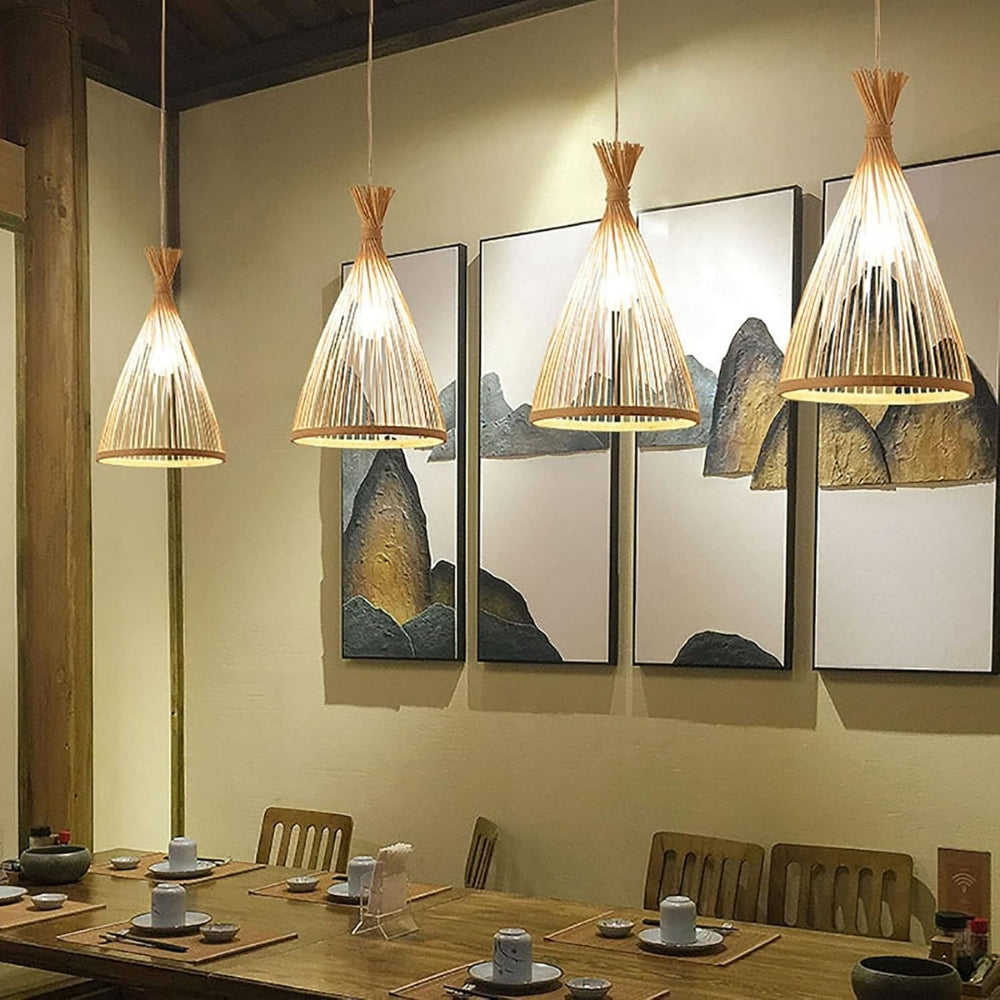 Rustic bamboo cluster light fixture for warm restaurant dining area